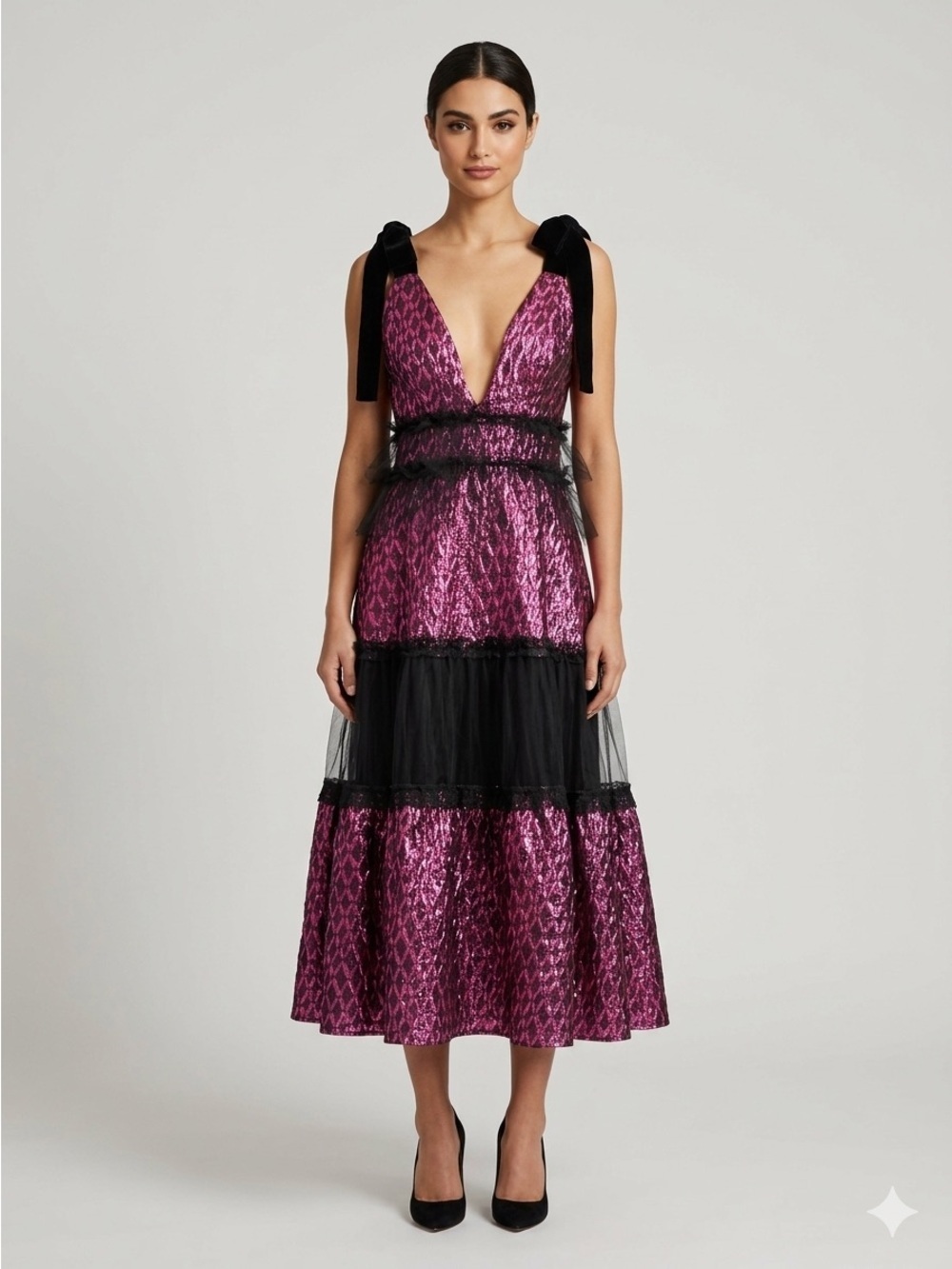 Designer Metallic Pink & Black Sleeveless Tiered Tulle Maxi Dress - 6-8US 🇨🇦
